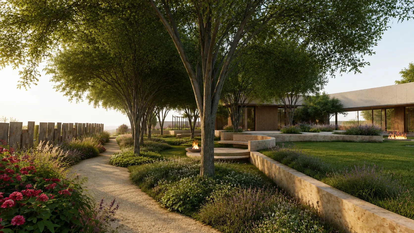 Bosquete de sombra con camino de grava, bancos de piedra y brasero