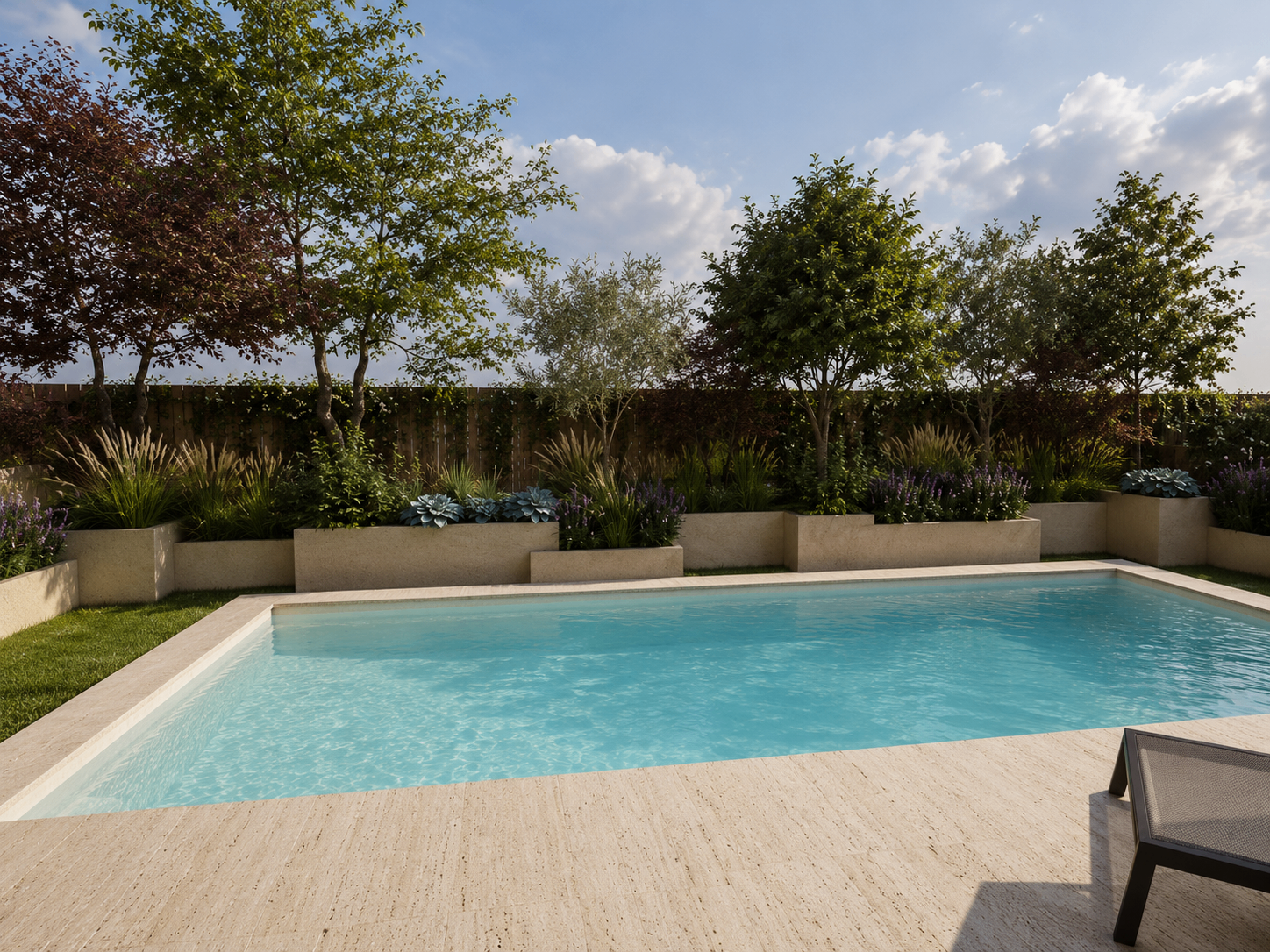 Piscina rodeada de maceteros elevados de piedra y una pantalla de árboles en capas