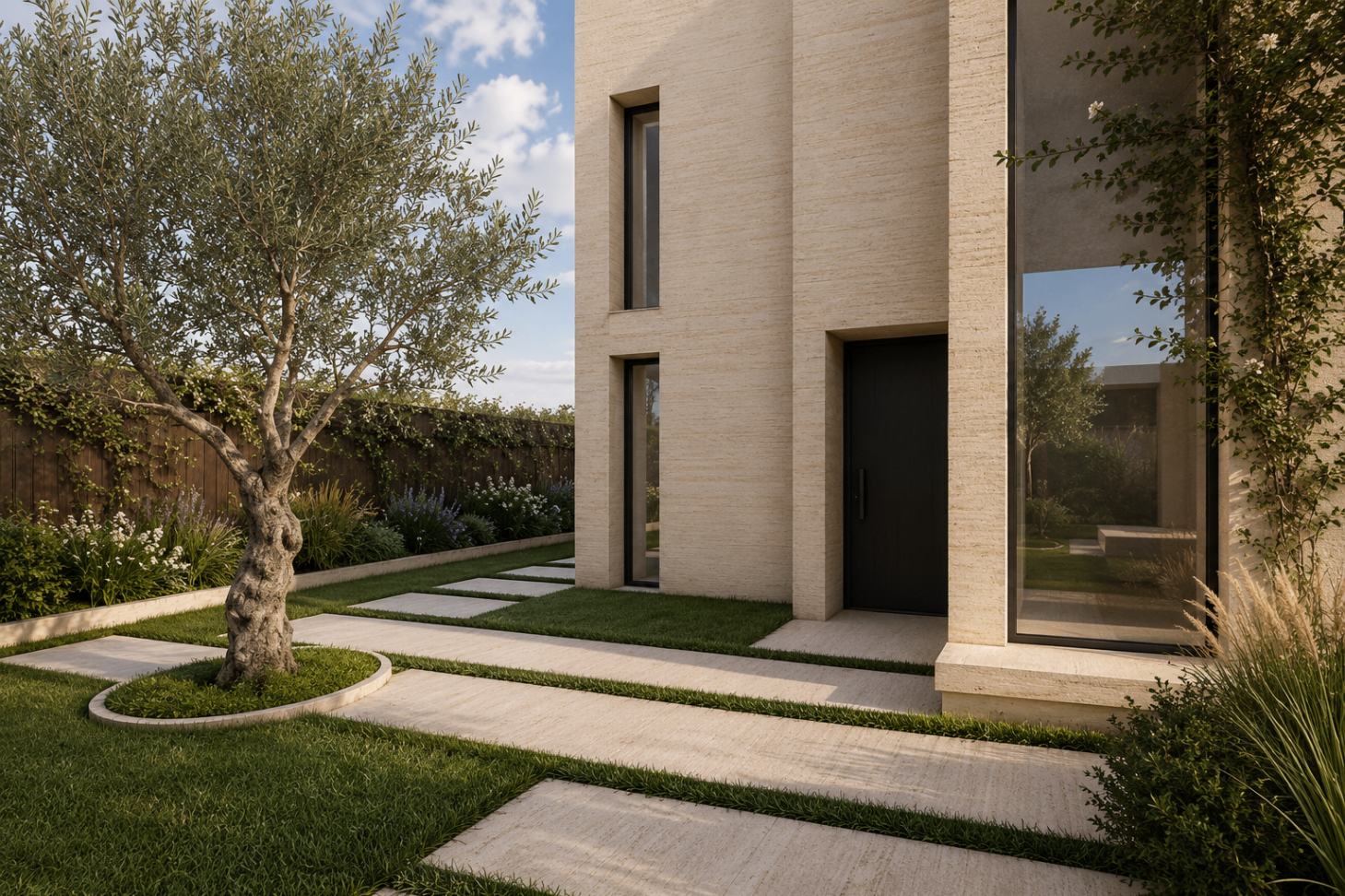 Patio de entrada con olivo, vivaces blancas y pavimento de piedra