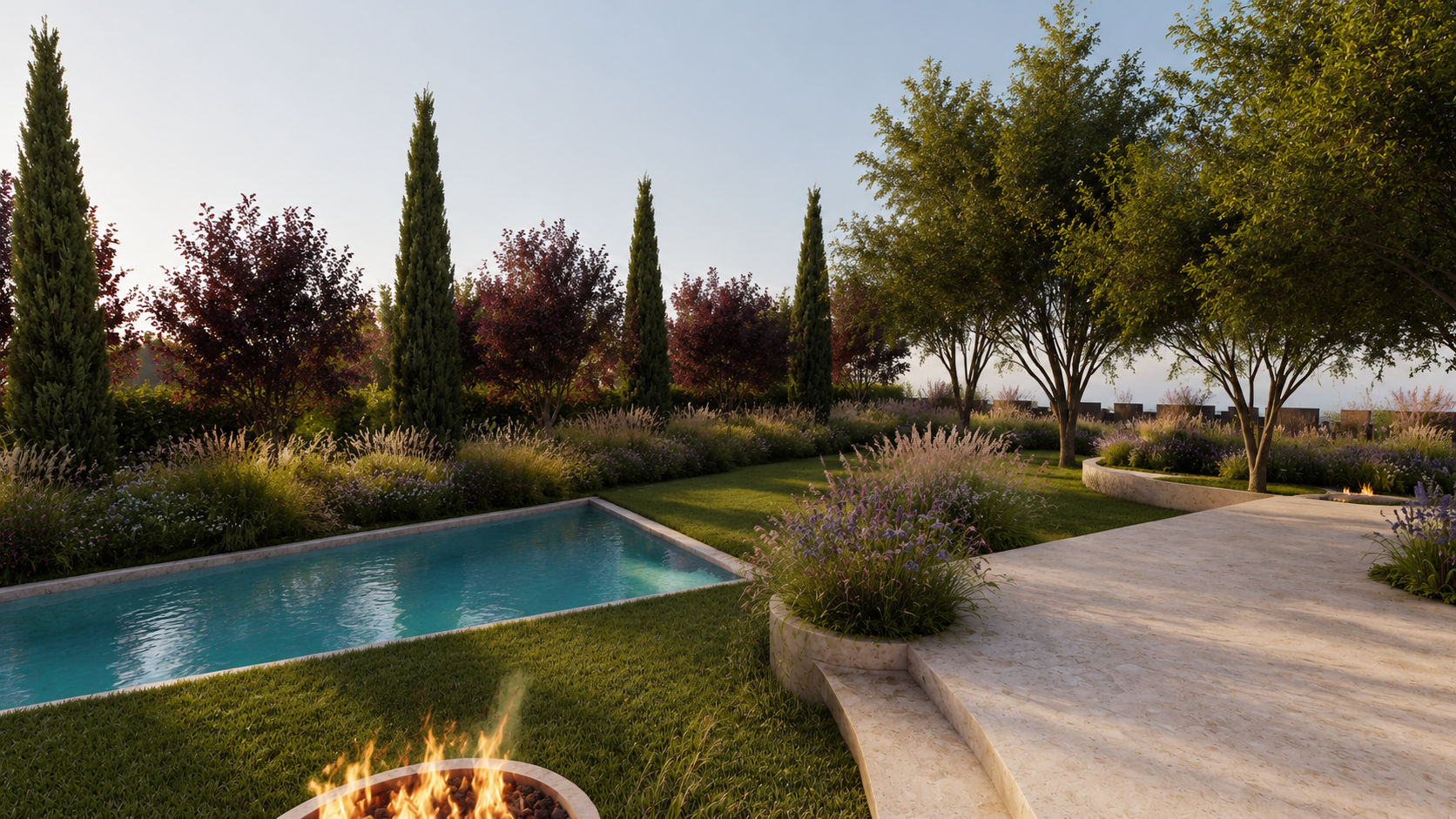 Jardín Jara — jardín de diseño de lujo en La Moraleja con piscina, brasero y plantación mediterránea