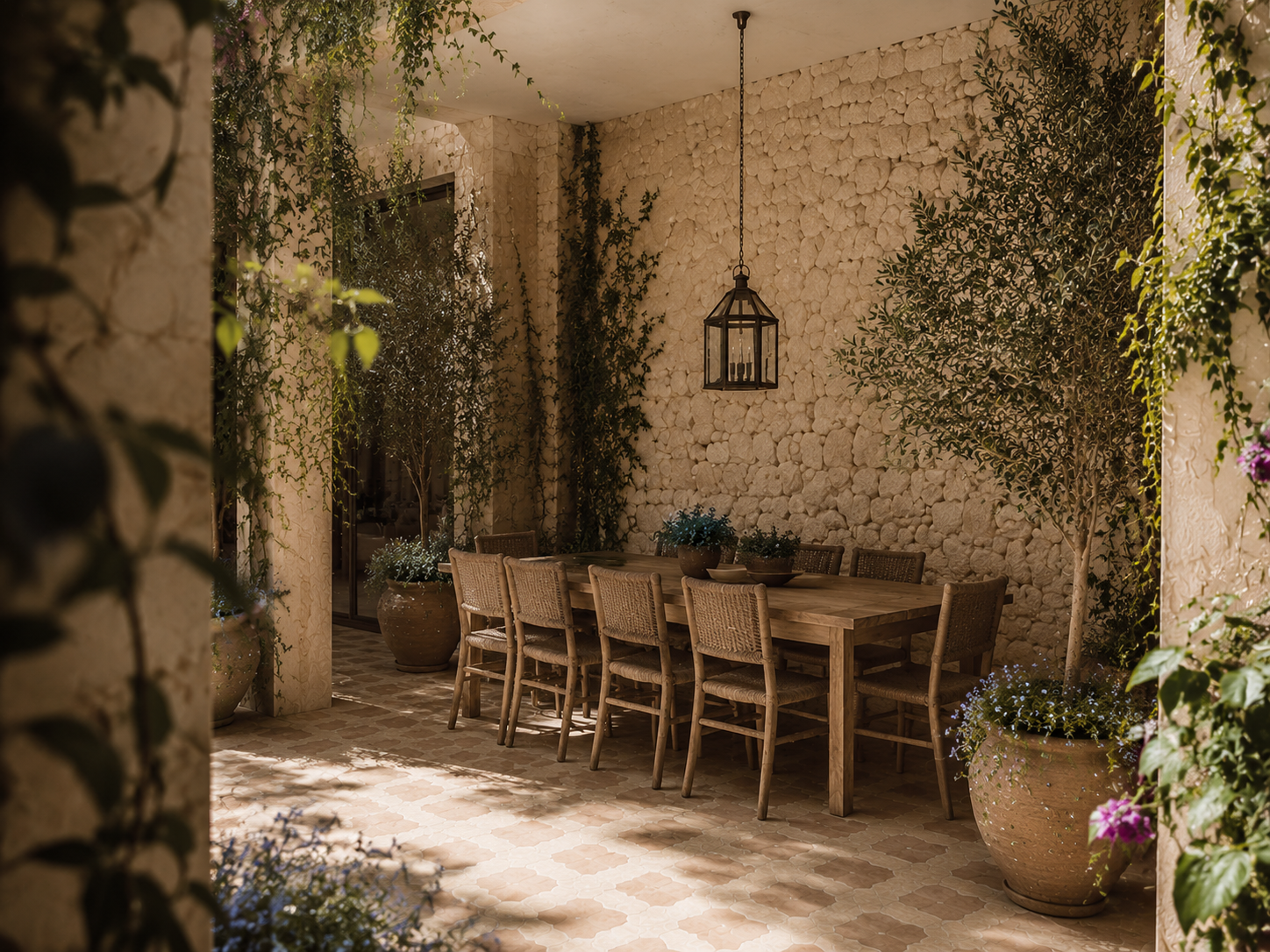 Zona de comedor a la sombra en el patio, con mesa larga de madera, farol y planta mediterránea contra el muro de piedra