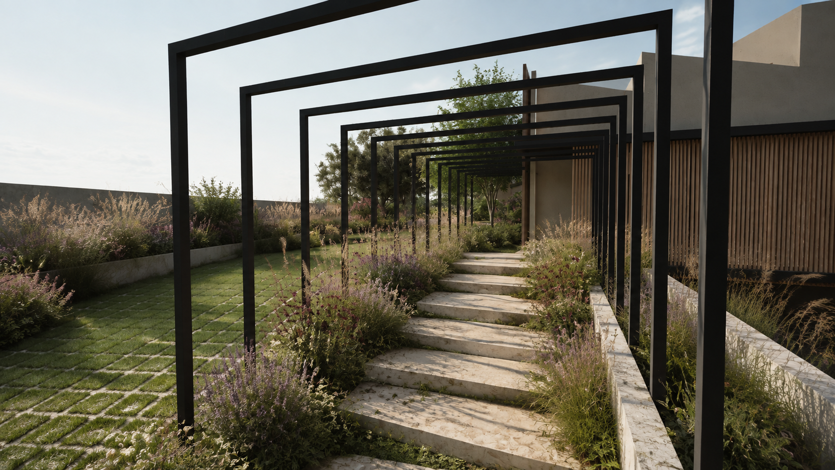 Paseo de pérgola de acero sobre peldaños de piedra entre lavanda, salvias y gramíneas