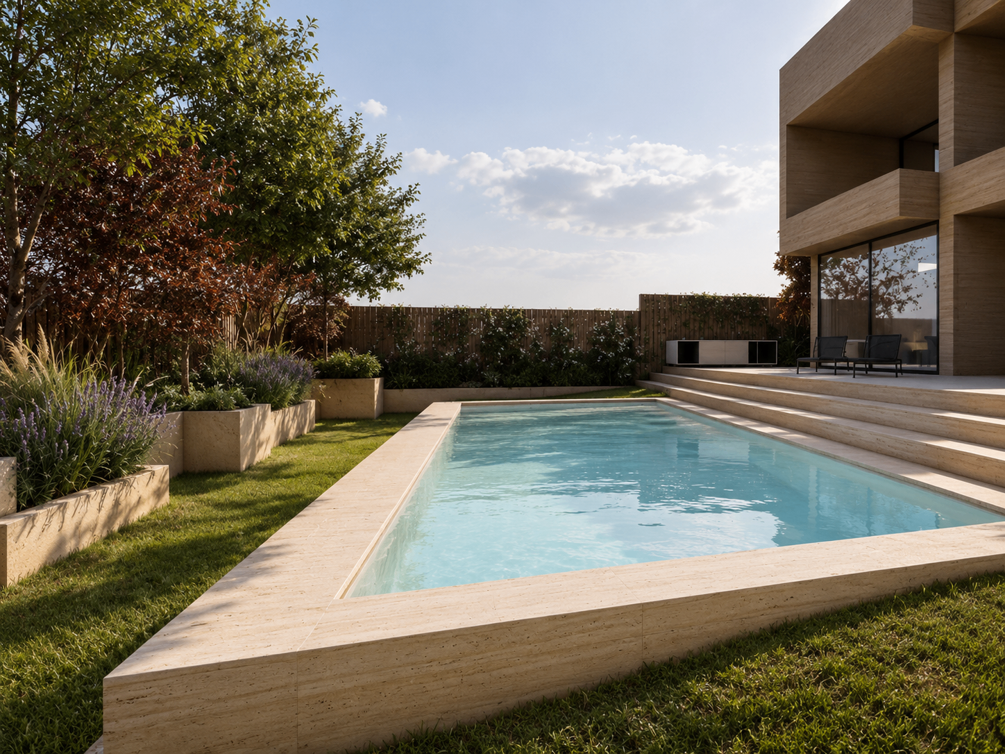 Piscina con borde de travertino enmarcada por lavanda, gramíneas y árboles jóvenes