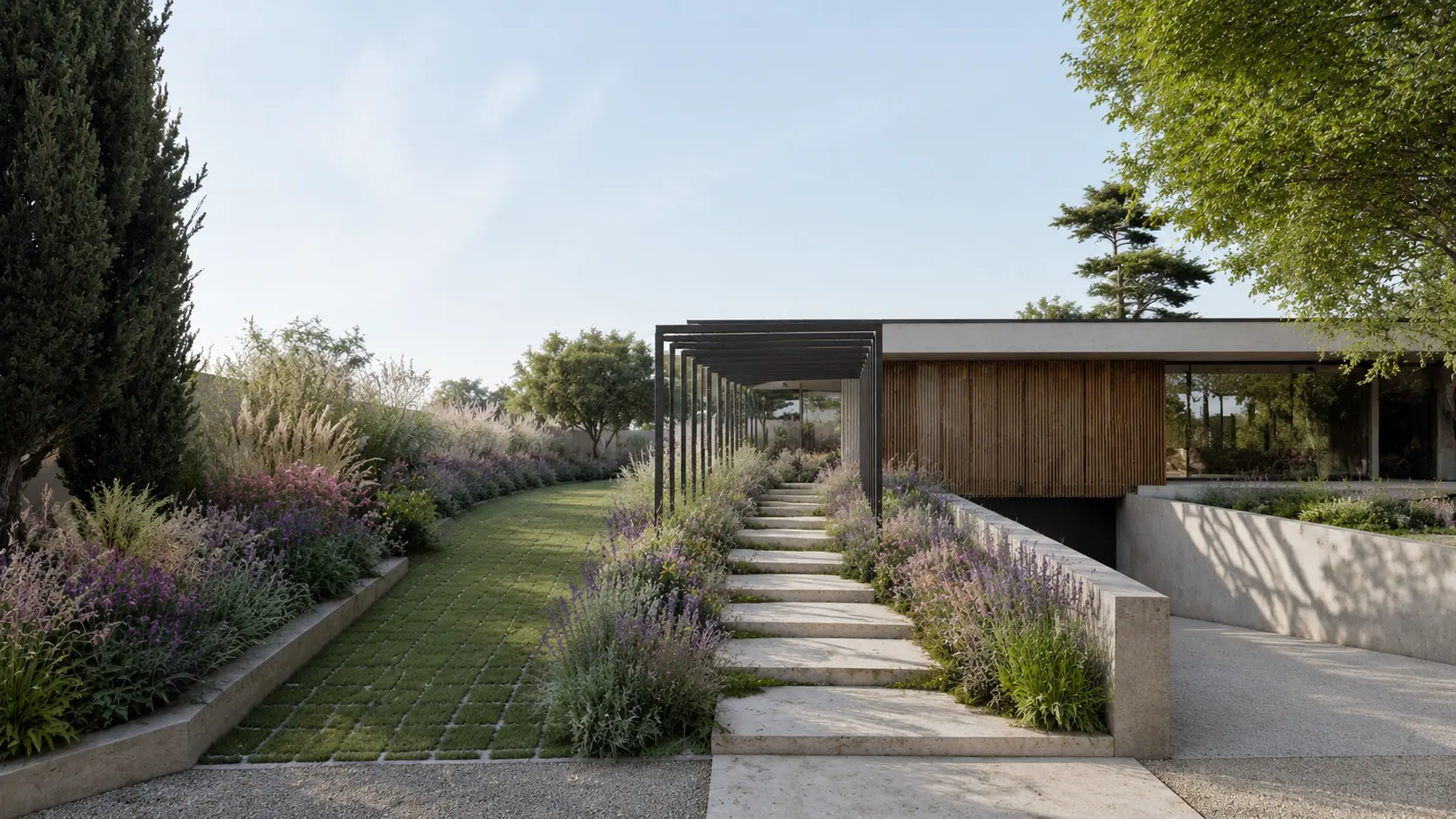 Pavimento con junta de césped y paseo de pérgola hacia una casa contemporánea de madera y piedra