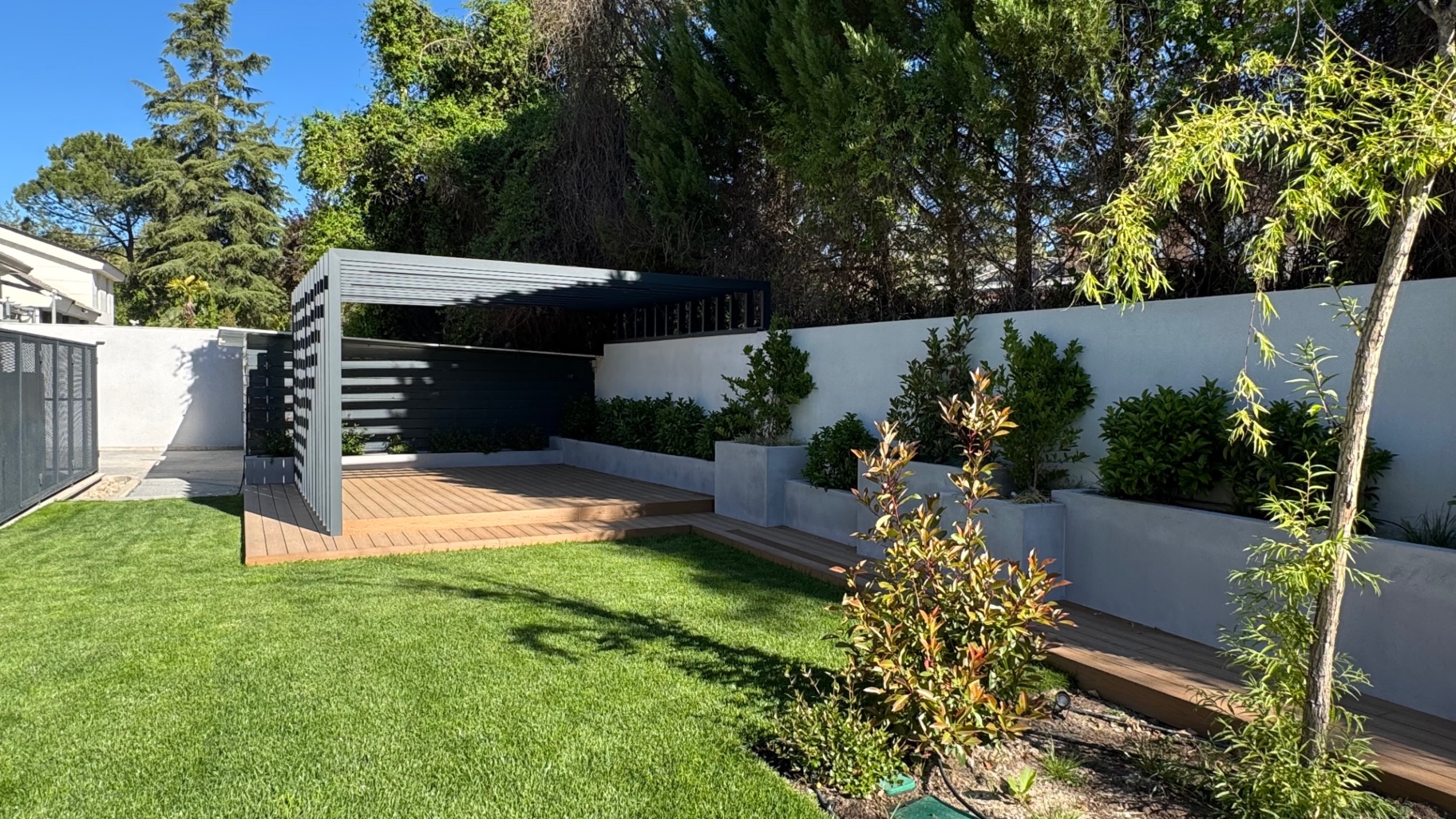 Pérgola de lamas y tarima de madera enmarcando el césped