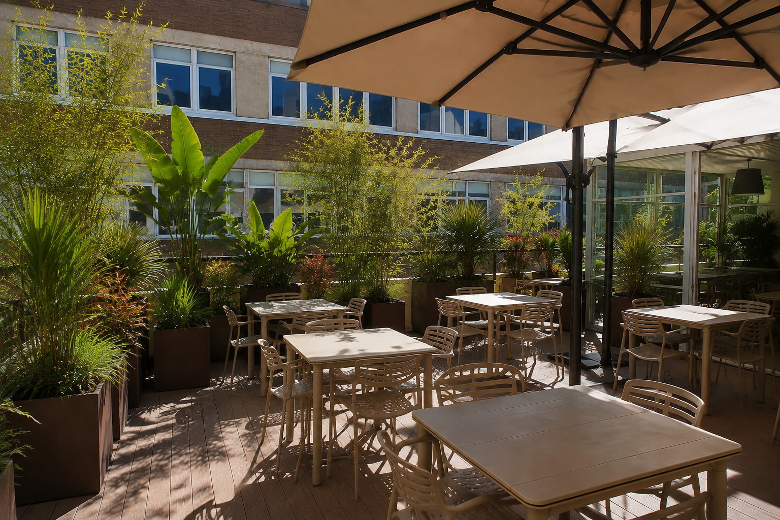 Domestika Oasis — terraza corporativa ajardinada con mesas a la sombra y planta de hoja grande