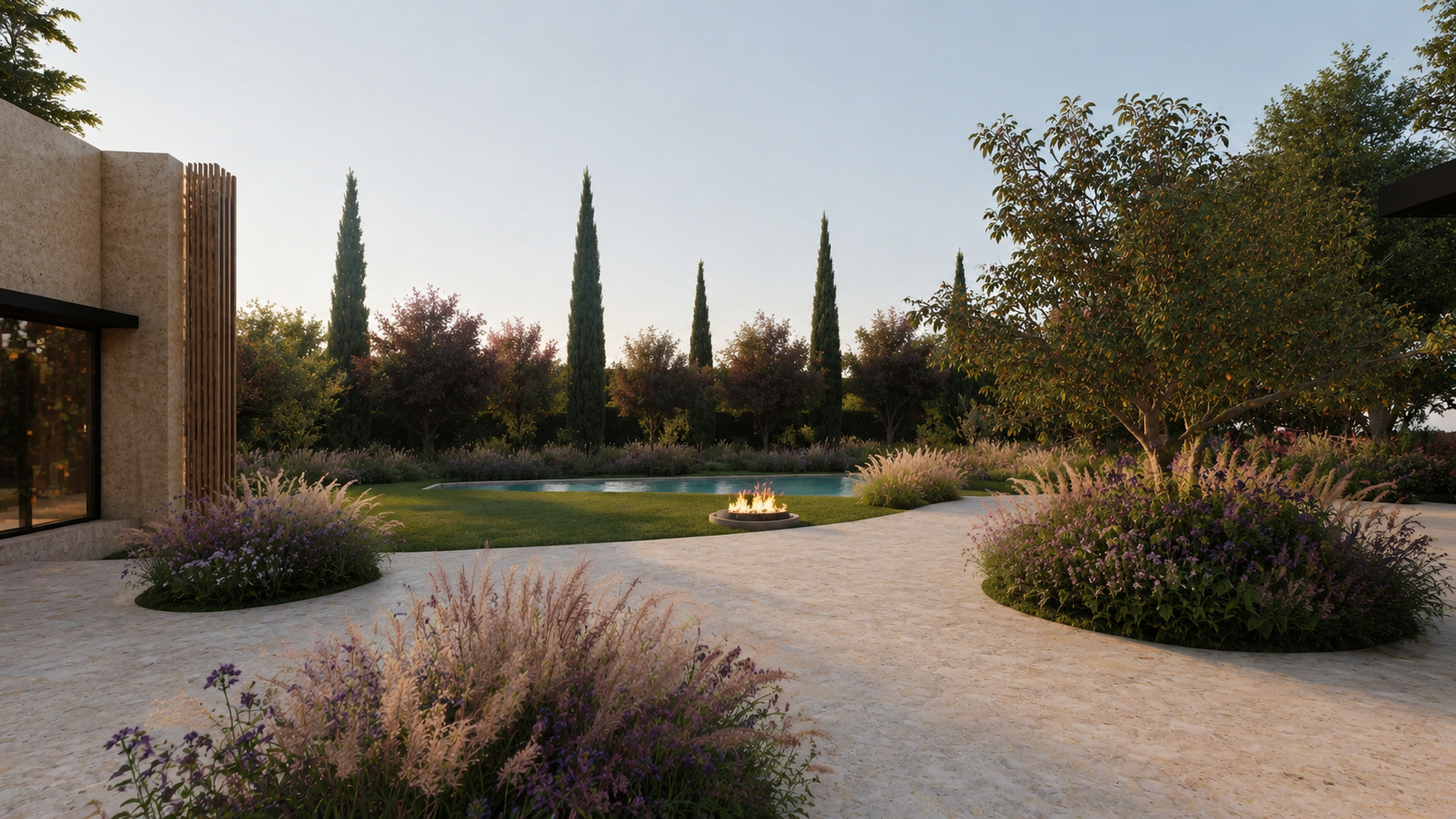 Terraza de travertino con parterres isla, brasero y piscina al fondo en un jardín de La Moraleja